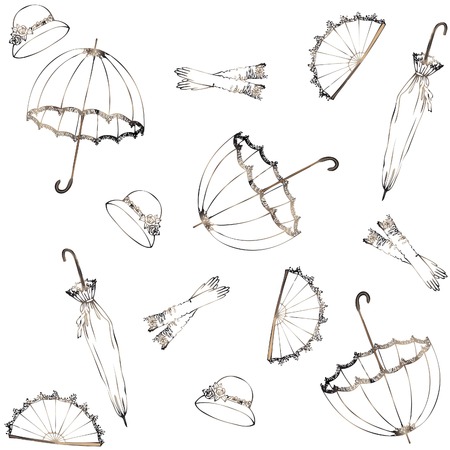 Illustration of vintage umbrella, hat, fan, glove. Seamless background fashionable modern wallpaper or textile.のイラスト素材