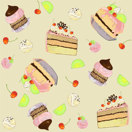 Seamless background.  Illustrations of the cake.