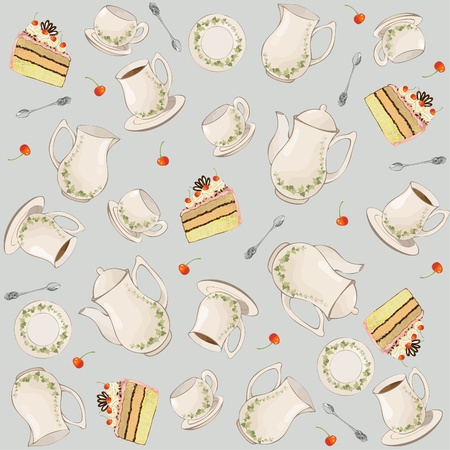 Seamless background.  Illustrations coffee pot,teapot,spoon,plate,cake.のイラスト素材