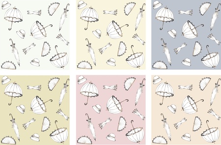 Illustration of vintage umbrella, hat, fan, glove. Seamless background fashionable modern wallpaper or textile.のイラスト素材