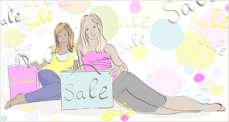 Two beautiful young girls in a shopping center checking bagsのイラスト素材