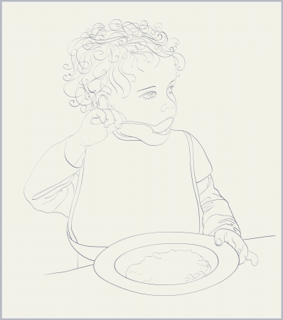 Little girl eats porridge. Toddler girl feeding herself with a spoon of porridge.のイラスト素材