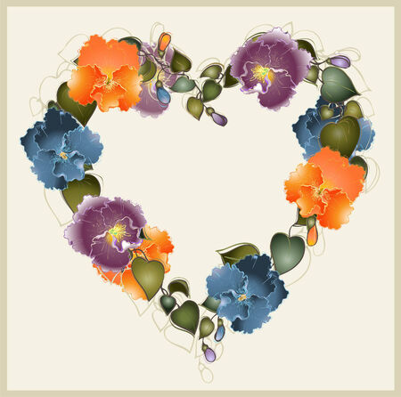 Greeting card with a bouquet of pansies. Decorative heart.のイラスト素材