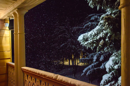 The view from the wooden balcony in the snowy fairy forest on the tree branchesの写真素材