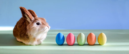 Easter colorful eggs and cute little Bunny on the horizontal picture on a blue-green background
