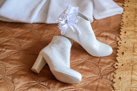 Short white boots for bride and garterの写真素材