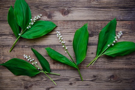 Vertical picture with branches of white lilies of the valley and green leaves on rustic wooden surfaceの写真素材