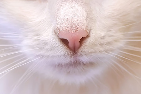 Pink nose of a white cat closeupの写真素材