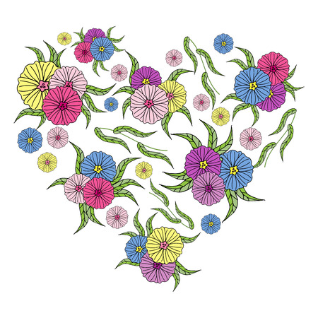 Beautiful vector heart of bright multi-colored flowers with green leaves in the style of dudling, isolate on a white backgroundのイラスト素材