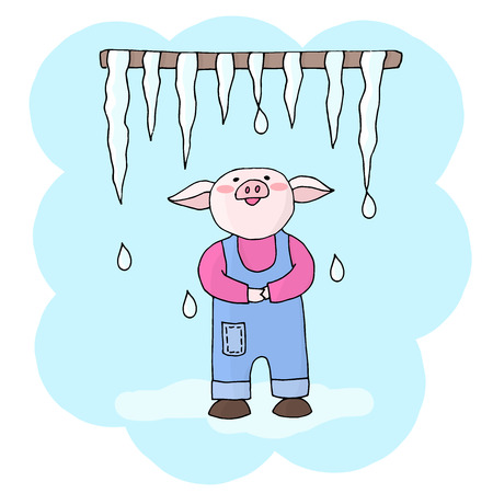 Vector cute funny little piggy in blue jumpsuit looks at melting icicles and enjoys the onset of spring. Symbol of 2019 new year.のイラスト素材