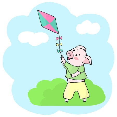 Vector cheerful, cute pig in a green t-shirt and yellow pants launches a kite into the sky when it became warm and sunny outside. Symbol of 2019 new year.のイラスト素材