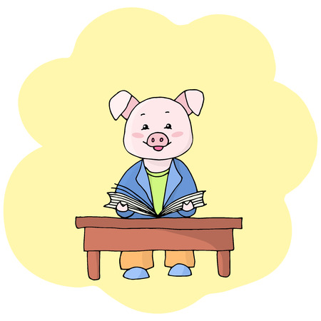 Vector pig happy to read a book sitting at a tableのイラスト素材