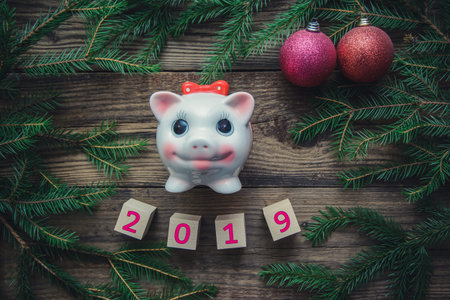 Tinted Christmas picture with 2019 new year, fir branches and toys and the symbol of the year pig