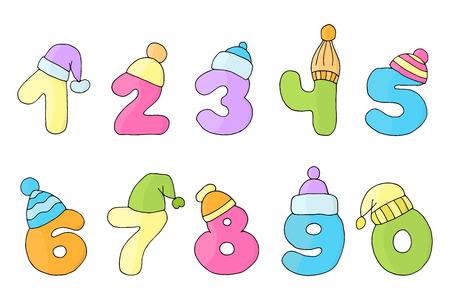 Vector funny cute numbers 0 to 9 in warm winter and Christmas hats on white backgroundのイラスト素材