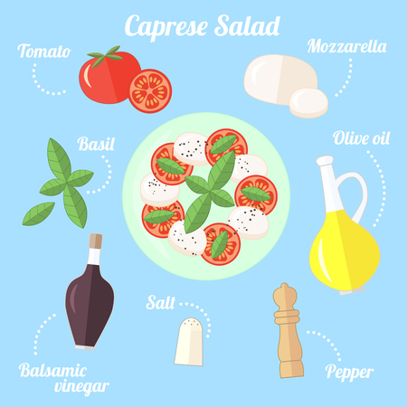 Caprese, traditional italian salad and its ingredients: tomatoes, mozzarella, Basil leaves, balsamic vinegar, olive oil, pepper, salt. Flat vectorのイラスト素材