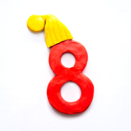 Red plasticine number 8 Eight in a yellow winter cap on white background