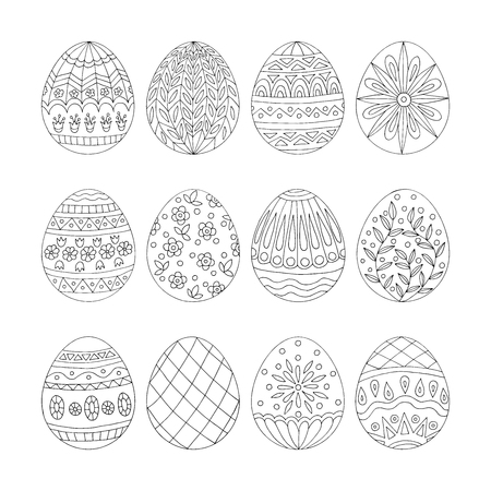 Hand drawn doodle easter eggs with patterns, for coloring booksのイラスト素材