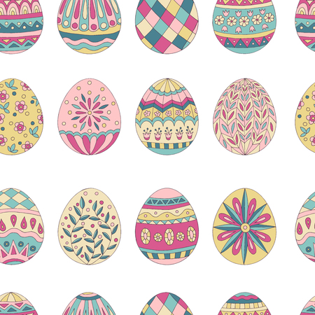 Colorful beautiful seamless pattern of painted Easter eggs on white backgroundのイラスト素材