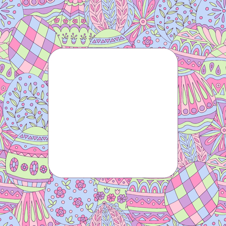 Square frame with colorful doodle eggs with patterns, Happy Easter cardのイラスト素材