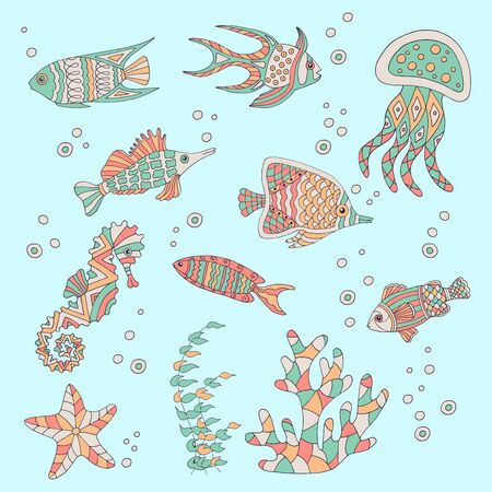 Hand-drawn and painted set of sea fish, starfish, coral, seahorse, jellyfish, seaweed on a green blue backgroundのイラスト素材