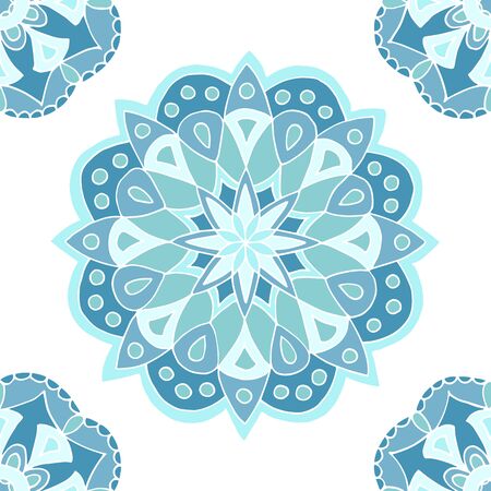 Seamless pattern of beautiful blue mandalas on a white background, for printing on fabric, notebook covers, finishing tiles in the interiorのイラスト素材