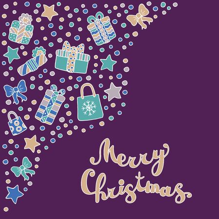 Set with Christmas trees, gifts, stars, confetti, bows and happy Christmas text on purple background, for greeting card designのイラスト素材
