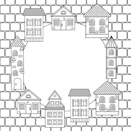 Frame with houses, coloring page for children and adultsのイラスト素材
