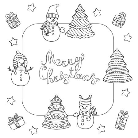 Christmas frame with Doodle cute snowmen and text, coloring page for kids and adultsのイラスト素材
