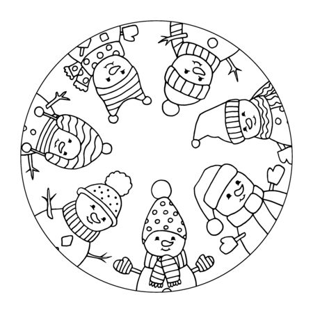 Funny, merry Christmas snowmen in hats in circle, coloring page for kids and adultsのイラスト素材