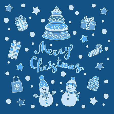 Greeting card with Christmas tree, funny cute snowmen and gifts on a blue backgroundのイラスト素材