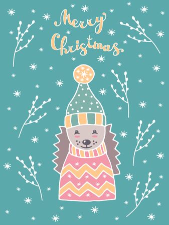 Merry Christmas greeting card with hand drawn cute hedgehog in winter hat and sweater with snow-covered branches and snowflakes in Scandinavian style on green backgroundのイラスト素材