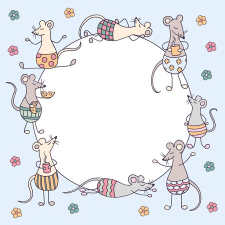 Round frame with funny cute rats and mice and colorful flowers on blue background, symbol of 2020, for cover design, packaging, textile printのイラスト素材
