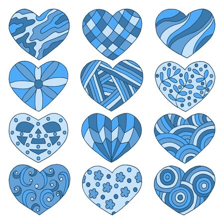Vector set of multicolored hearts with abstract hand-drawn blue patterns, isolated on a white background, for Valentine's dayのイラスト素材