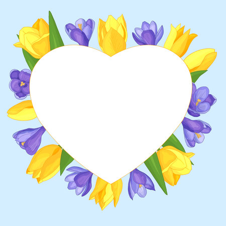 Vector heart frame with flowers - yellow tulips and purple crocuses on a blue background, Valentine's day, for the design of greeting cards, covers, print on textilesのイラスト素材