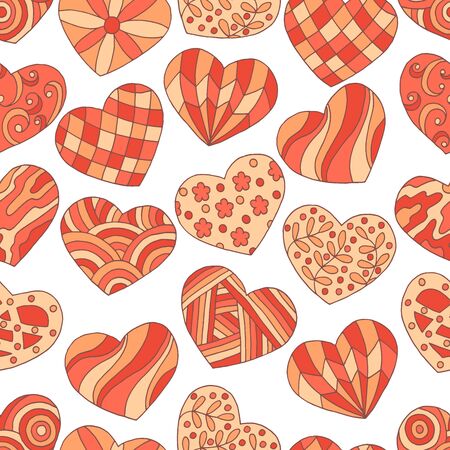 Seamless pattern of abstract hand-drawn red hearts with doodle patterns on white background, cover design, notebooks, textiles, for Valentine's dayのイラスト素材