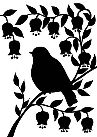 Vertical picture with a black silhouette of a bird on a branch with abstract flowers on a white backgroundのイラスト素材