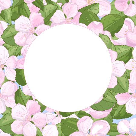 Vector spring beautiful round frame with beautiful pink flowers of apple blossom, for decoration and design of greeting cards, covers, packaging, print on textilesのイラスト素材