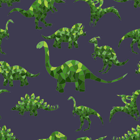 Vector seamless pattern of abstract green dinosaurs on a dark background, for design of mosaics, stained glass, covers, packages, and textile printsのイラスト素材