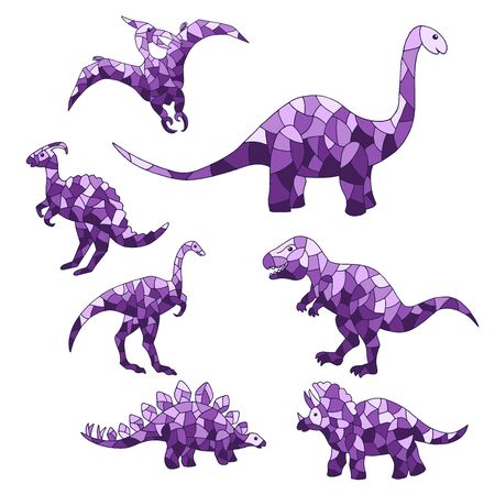 Vector set of abstract purple dinosaurs on a white background. For design of mosaics, stained glass, covers, packages, and textile printsのイラスト素材