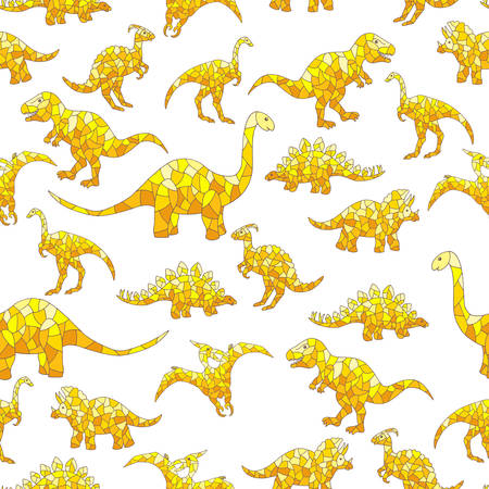 Vector seamless pattern of abstract yellow dinosaurs on a white background, for design of mosaics, stained glass, covers, packages, and textile printsのイラスト素材