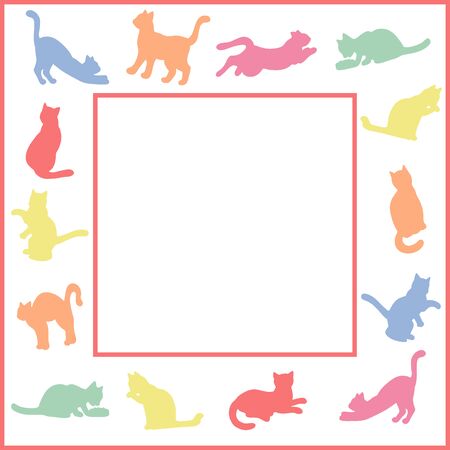 Vector bright children's frame with multi-colored silhouettes of cats on a white backgroundのイラスト素材