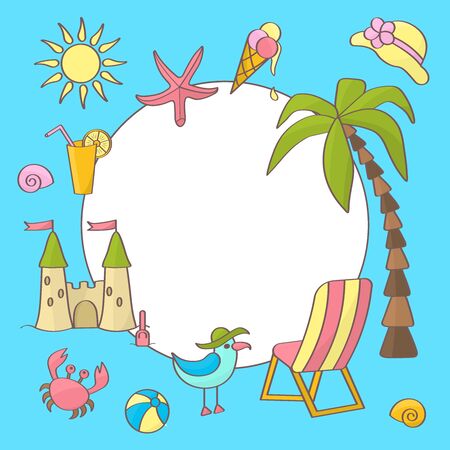 Vector frame on the theme of summer sea holidays: palm tree, sun, crab, chaise longue, Seagull, sand castle, ball, ice cream, starfish, shells, juice on a blue background. For cover design, packaging, textile printingのイラスト素材