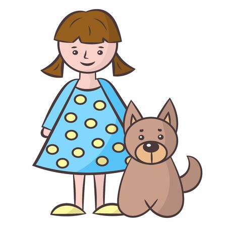 a little girl in a blue dress and a dog, isolate on a white backgroundのイラスト素材