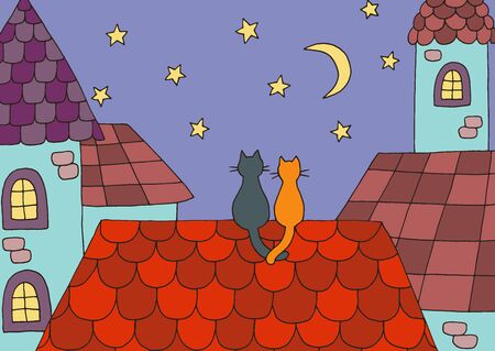 Cartoon picture with two cats in love on the roof at night under the moon and stars. Vector illustration for children's book designのイラスト素材