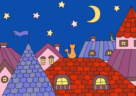 Cartoon picture with one cat on the roof at night under the moon and stars. Vector illustration for children's book designのイラスト素材