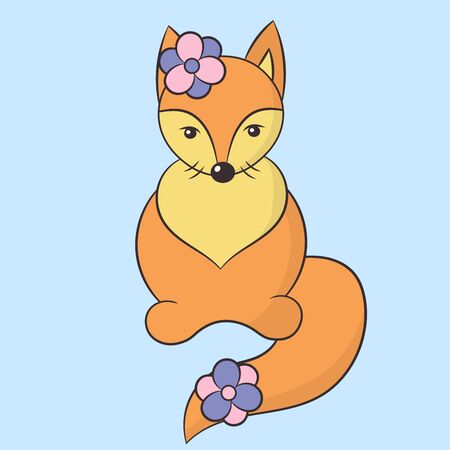 Beautiful cute red fox with flowers on its head and tail on a blue background. Vector illustrationのイラスト素材