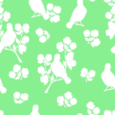 Vector seamless pattern with white pigeon, bird silhouettes on a flowering branch on a green background, for packaging design, covers, wallpaper, print on textilesのイラスト素材