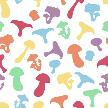 Vector seamless pattern with hand drawn multicolored abstract mushrooms on white background, for cover design, packaging, greeting cards, textile printのイラスト素材