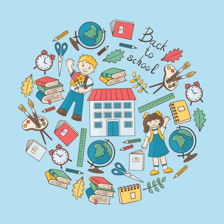 Back to school: students, globe, alarm clock, notebook, book, pencil, etc. in a circle on a blue background, for the design and decoration of covers, packaging, print on textilesのイラスト素材