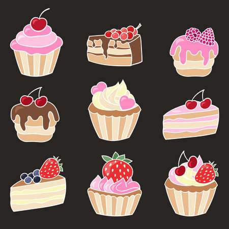 Vector set with sweet cupcakes with berries on a dark backgroundのイラスト素材